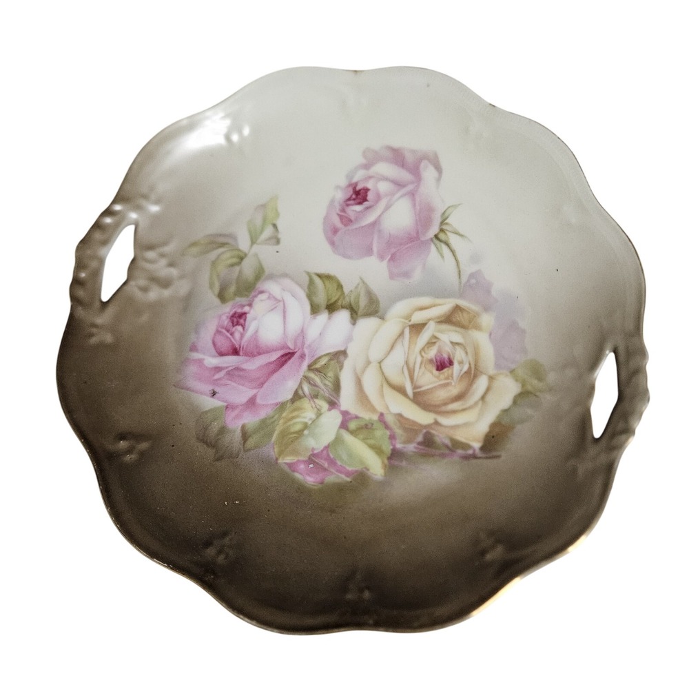 Mignon Bavaria Vintage‎ Plate With Handles Floral Roses Pattern 10" Gold Trim